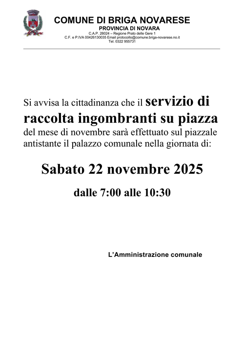 Raccolta ingombranti -  22 NOVEMBRE 2025